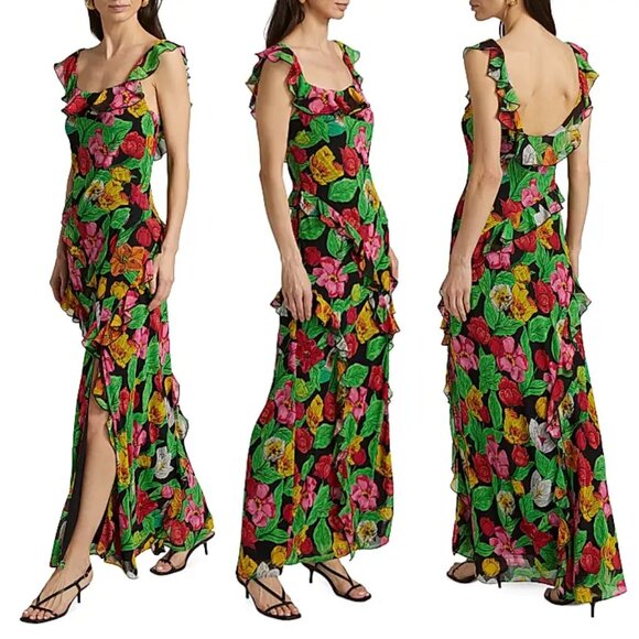 NEW Milly Tulip Rosette Ruffle Maxi Dress Size 8 Black Multi $525 Romantic Fairy - Picture 1 of 16
